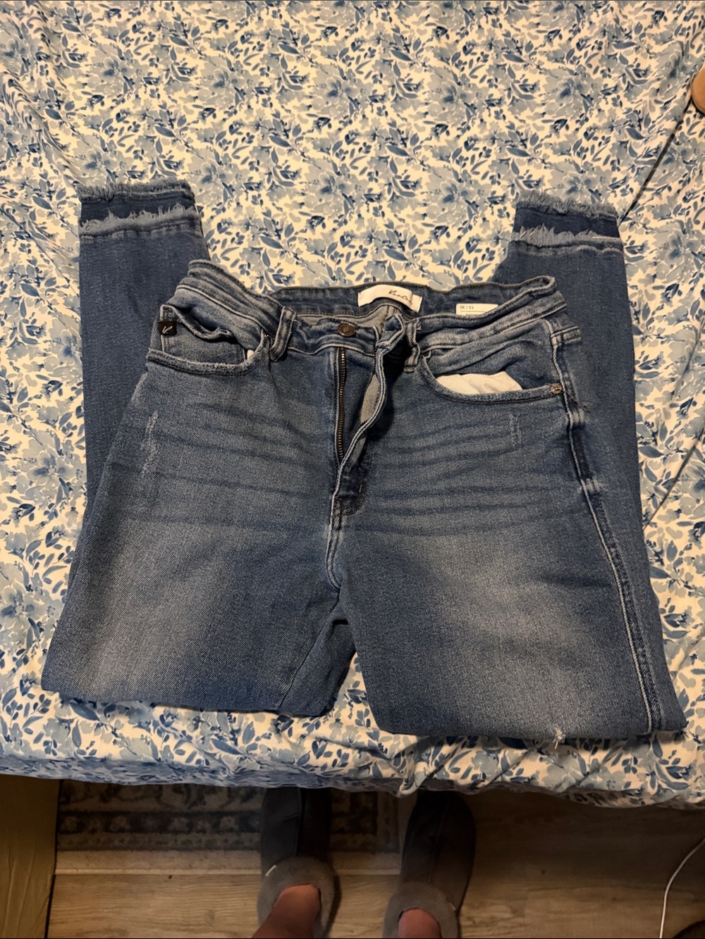 KanCan Distressed High-Rise Cropped Jeans in Medium Blue